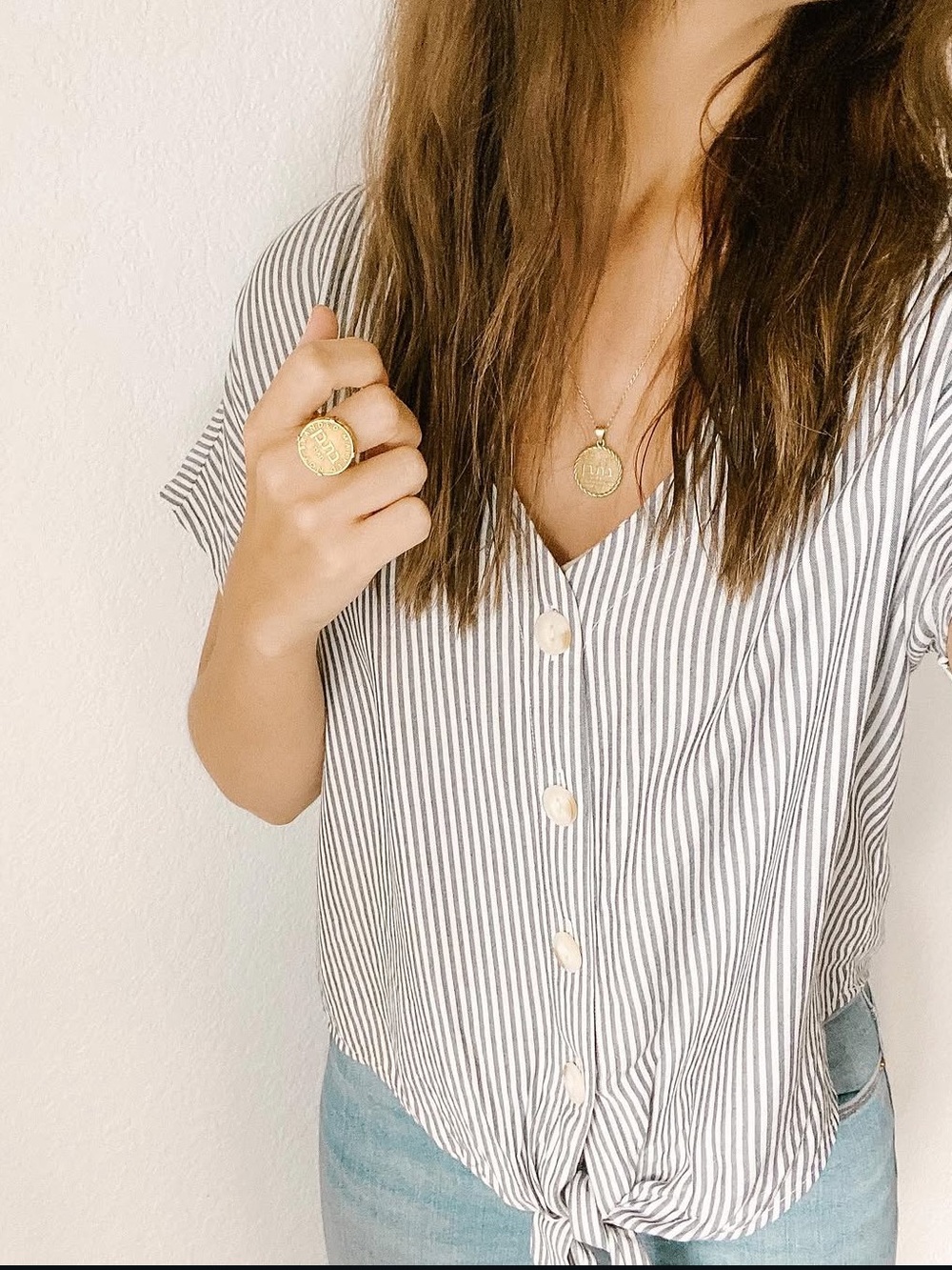 Striped Button-Front V-Neck Top in Navy and White